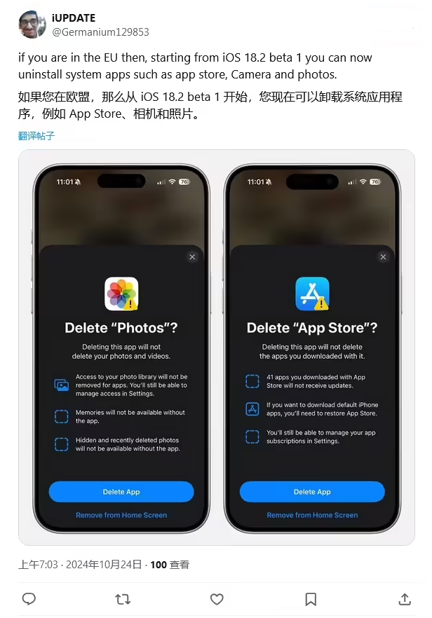 昌邑苹果手机维修分享iOS 18.2 支持删除 App Store 应用商店 