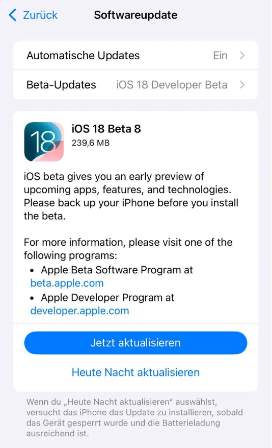 昌邑苹果手机维修分享苹果 iOS / iPadOS 18 开发者预览版 Beta 8 发布 